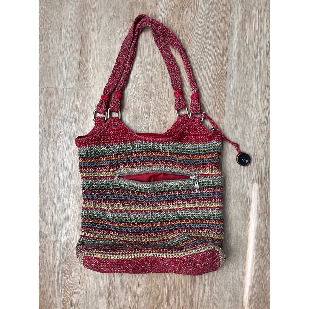 The Sak Crochet Striped Shoulder Bag Red Multi Color Zip Pocket Tote Handbag - Picture 2 of 9